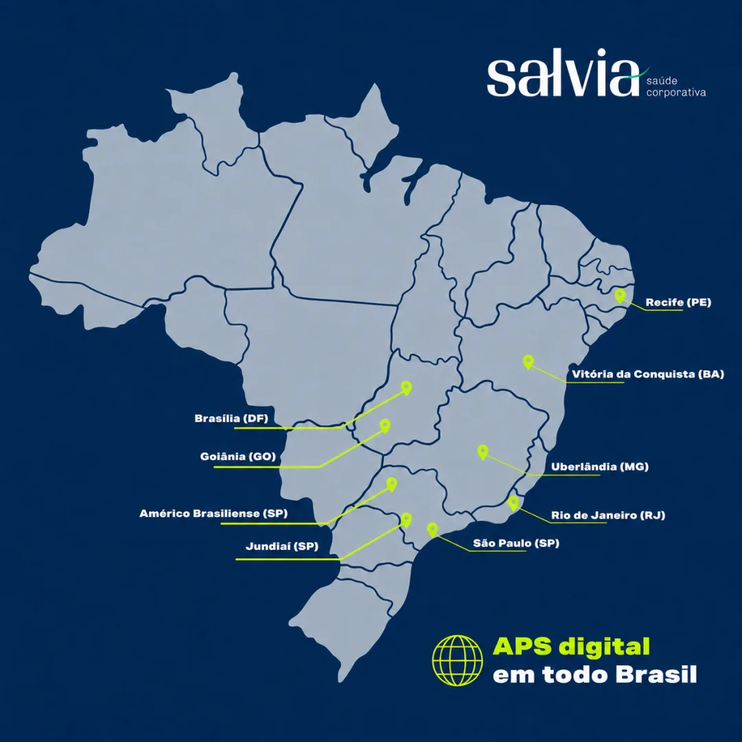 Mapa do Brasil com a presença da Salvia: Recife (PE), Vitória da Conquista (BA), Brasília (DF), Goiânia (GO), Uberlândia (MG), Rio de Janeiro (RJ), São Paulo (SP), Jundiaí (SP) e Américo Brasiliense (SP), sob a chamada APS digital em todo o Brasil.